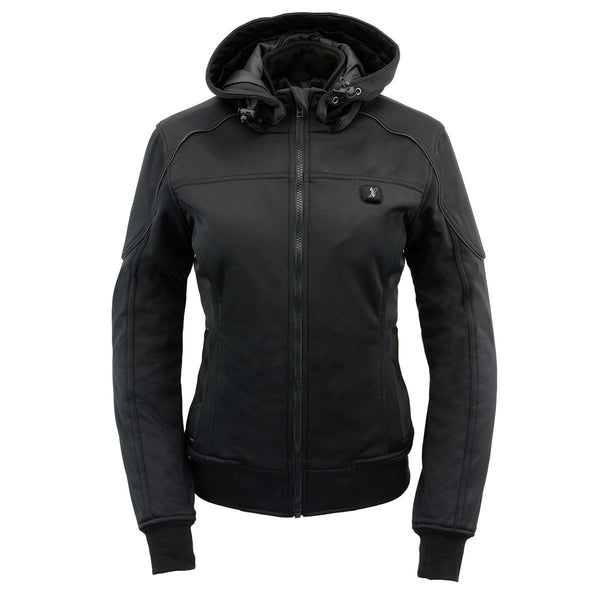 Nexgen Heat MPL2761SET Women's Black Soft Shell Racing Style Heated Jacket Powered by Rechargeable 10000mAh Battery Included