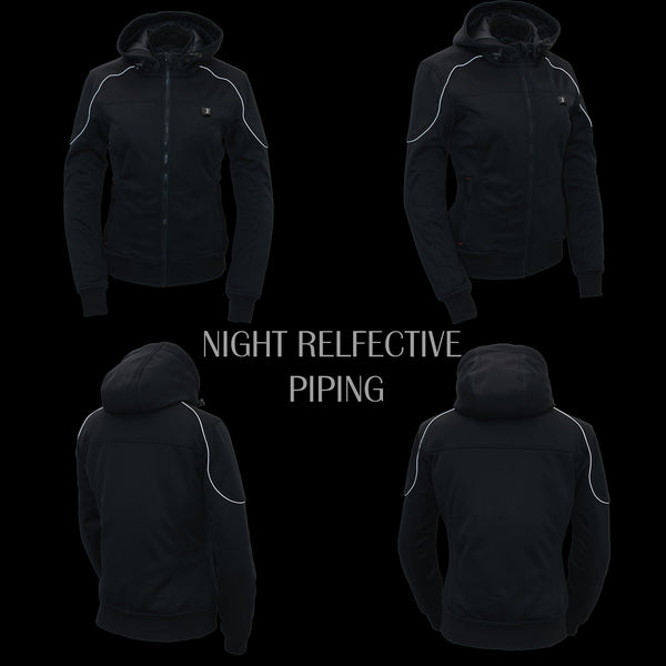 Nexgen Heat MPL2761SET Women's Black Soft Shell Racing Style Heated Jacket Powered by Rechargeable 10000mAh Battery Included