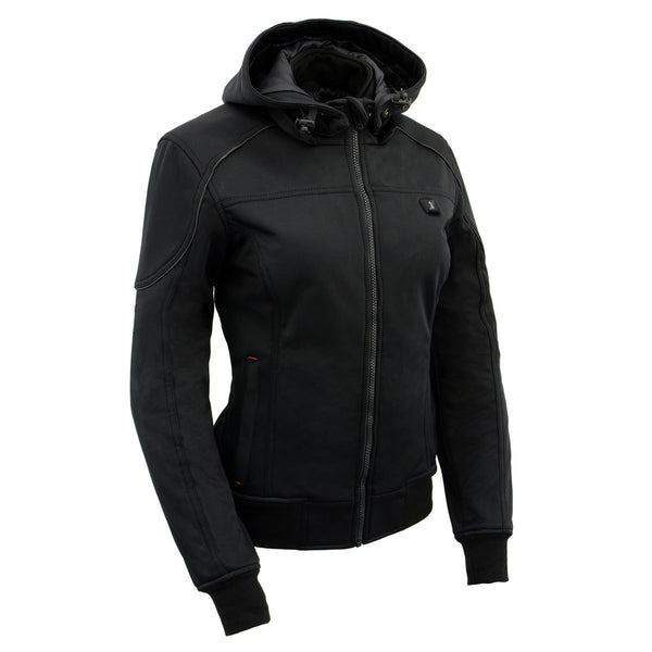 Nexgen Heat MPL2761SET Women's Black Soft Shell Racing Style Heated Jacket Powered by Rechargeable 10000mAh Battery Included