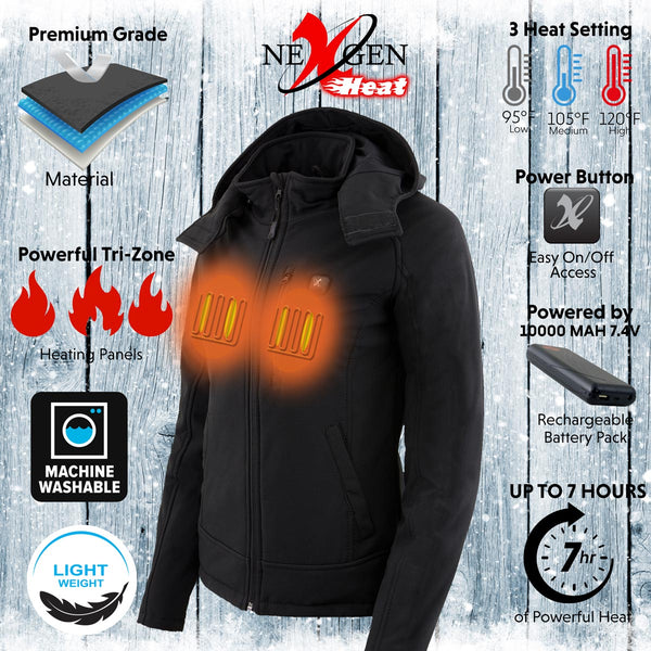 Nexgen Heat MPL2767SET Women's Black Soft Shell Heated Jacket with Detachable Hood (Included Rechargeable 10000mAh Battery)
