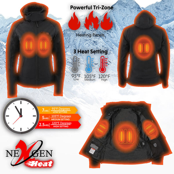 NexGen NXL2767SET Women's 'Ruffled' Black Heated Soft Shell Hooded Jacket (Rechargeable Battery Pack Included)