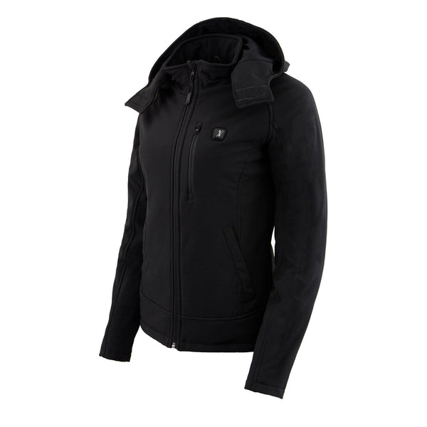 Nexgen Heat MPL2767SET Women's Black Soft Shell Heated Jacket with Detachable Hood (Included Rechargeable 10000mAh Battery)
