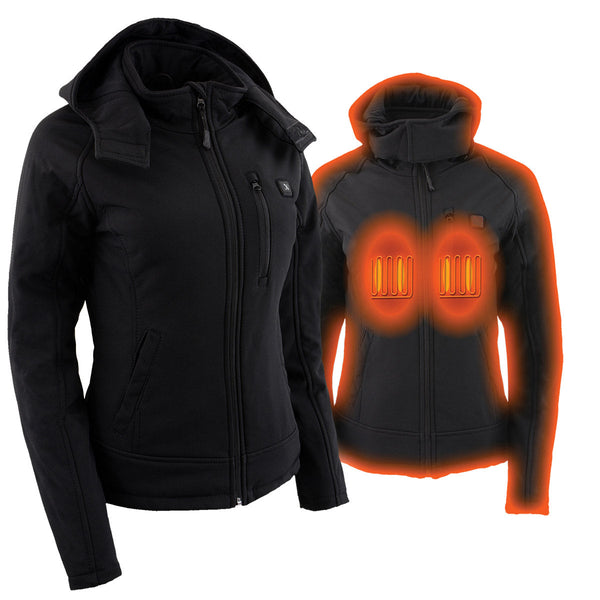 Nexgen Heat MPL2767SET Women's Black 'Heated' Soft Shell Jacket with Detachable Hood for Riding Hiking Winter Outdoor Activities