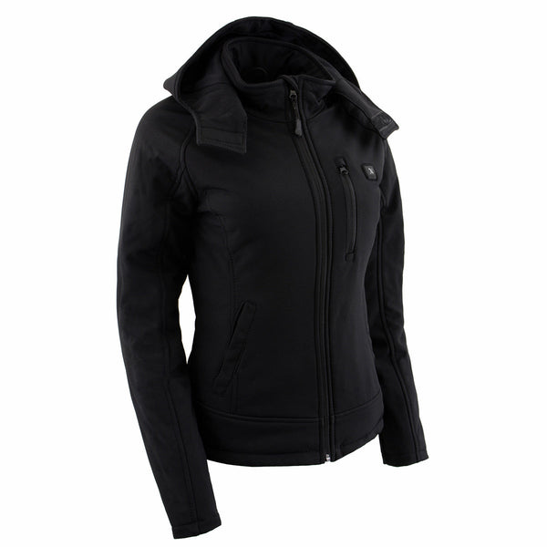NexGen NXL2767SET Women's 'Ruffled' Black Heated Soft Shell Hooded Jacket (Rechargeable Battery Pack Included)
