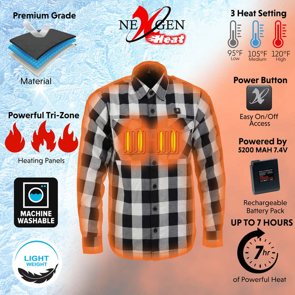 NexGen NXM1601SET Men's 'Riffraff' Black and White Heated Flannel Long Sleeve Shirt (Rechargeable Battery Pack Included)