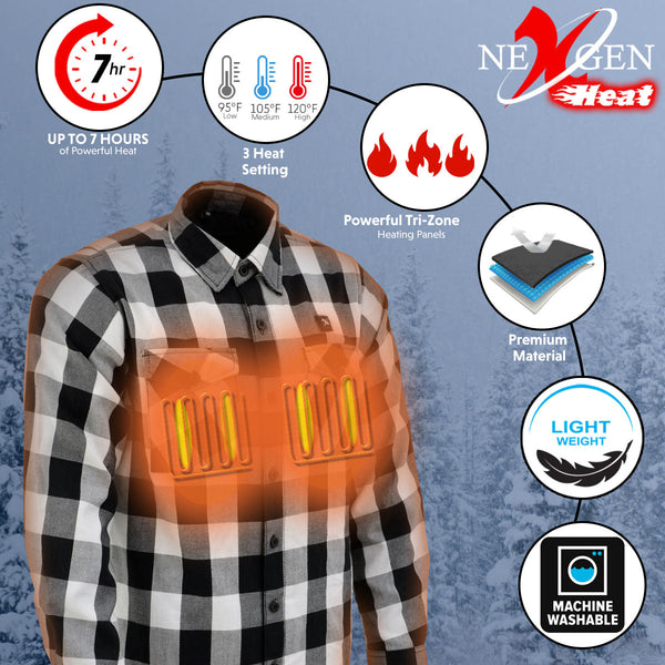 Nexgen Heat Men's NXM1601SET Riffraff Black/Grey/White Heated Flannel Sleeve Shirt Outdoor Activities
