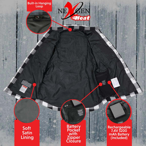 Nexgen Heat Men's NXM1601SET Riffraff Black/Grey/White Heated Flannel Sleeve Shirt Outdoor Activities