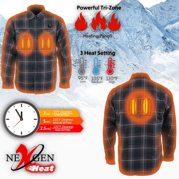 Nexgen Heat Nxm1602set Men's 'Riffraff' Black, Grey/Red Heated Flannel Long Sleeve Shirt (Rechargeable Battery Pack Included)