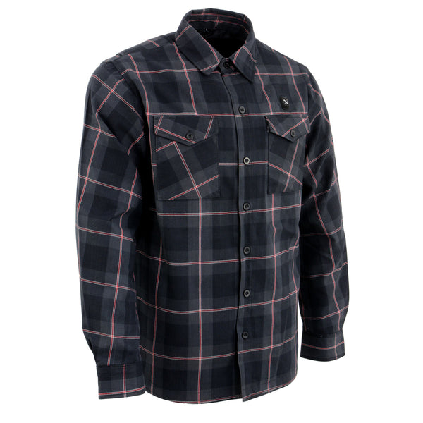 Nexgen Heat Nxm1602set Men's 'Riffraff' Black, Grey/Red Heated Flannel Long Sleeve Shirt (Rechargeable Battery Pack Included)