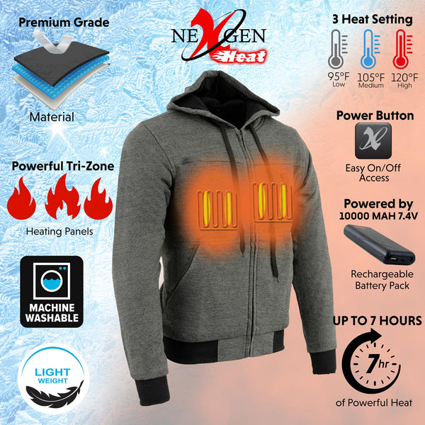 Nexgen Heat Men’s Heated Sweatshirt Hoodie – Grey Cold-Weather Gear for Riding & Outdoor NXM1713SET