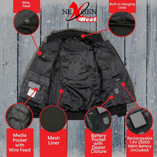 Nexgen Heat MPM1713SET Men's Heated Hoodie - Black Zipper Front Sweatshirt Jacket for Winter Outdoor Activities