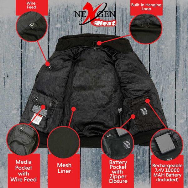 Nexgen Heat MPM1713SET Men's Heated Hoodie - Black Zipper Front Sweatshirt Jacket for Winter Outdoor Activities