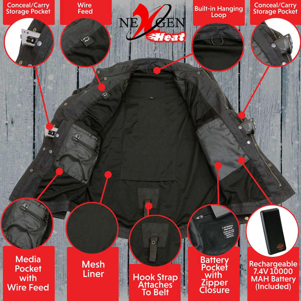 NexGen NXM1715SET Men's 'Scorcher' Classic Heated Black Denim Jacket (Rechargeable Battery Pack Included)