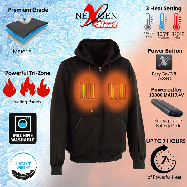 Nexgen Heat NXM1717DUAL Men's Black Heated Hoodie w/ Dual Power Technology - Biker Jacket for Winter w/Battery Pack