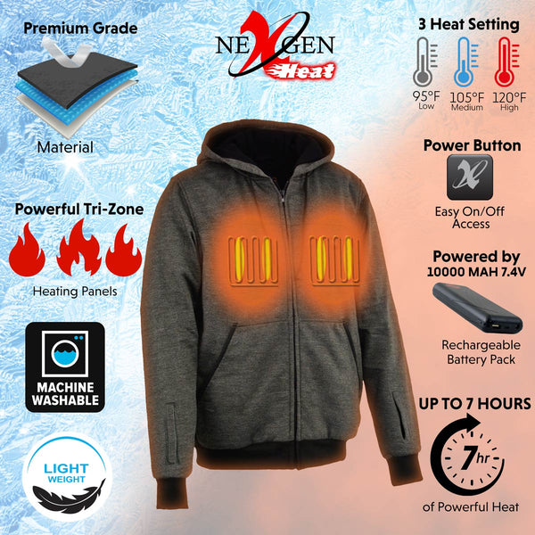 Nexgen Heat MPM1717DUAL Men's Grey Heated Hoodie w/ Dual Power Technology - Biker Jacket for Winter w/Battery Pack