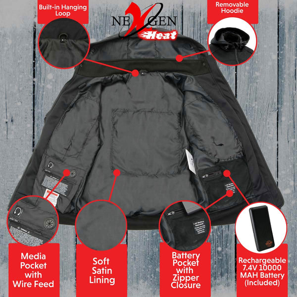 Nexgen Heat MPL2761SET Women's Black Soft Shell Racing Style Heated Jacket Powered by Rechargeable 10000mAh Battery Included