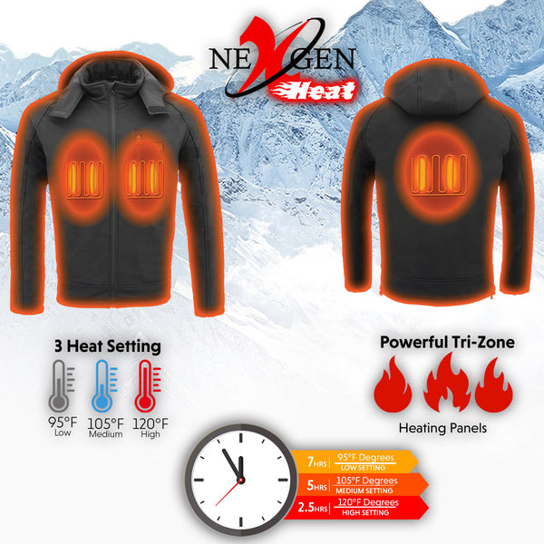 Nexgen Heat MPM1767SET Men's Black 'Heated' Soft Shell Hooded Zipper Front Jacket (Rechargeable Battery Pack Included)