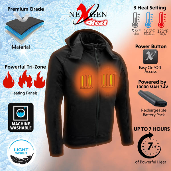 NexGen NXM1767SET Men's 'Ruffled' Black 'Heated' Soft-Shell Hooded Jacket (Rechargeable Battery Pack Included)