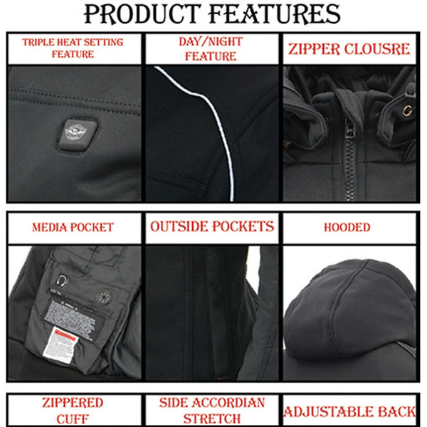 Nexgen Heat MPM1767SET Men's Black 'Heated' Soft Shell Hooded Zipper Front Jacket (Rechargeable Battery Pack Included)