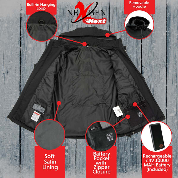 NexGen NXL2767SET Women's 'Ruffled' Black Heated Soft Shell Hooded Jacket (Rechargeable Battery Pack Included)