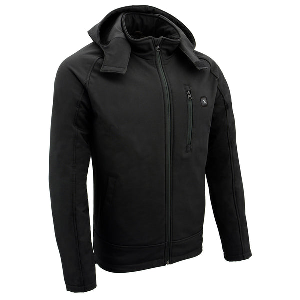 Nexgen Heat MPM1767SET Men's Black 'Heated' Soft Shell Hooded Zipper Front Jacket (Rechargeable Battery Pack Included)