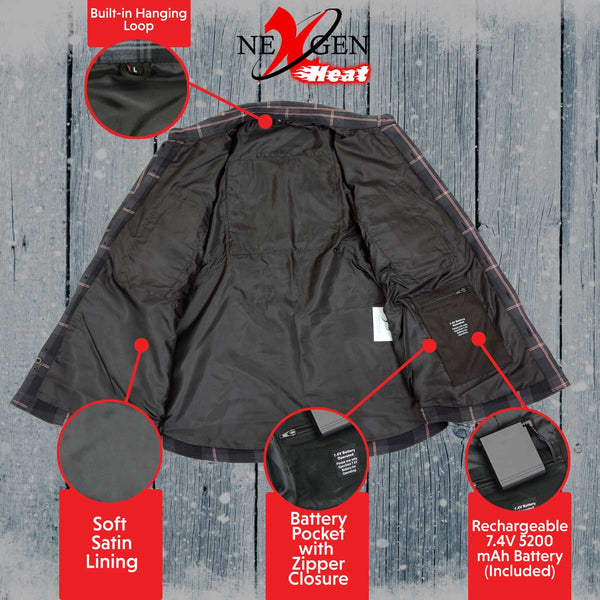 Nexgen Heat Nxl2602set Women's 'Bonnie' Black Grey Red Heated Flannel Long Sleeve Shirt (Rechargeable Battery Pack Included)