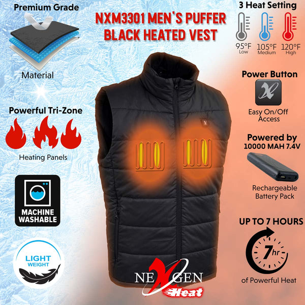 NexGen NXM3301SET Men's 'Puffed' Black Heated Textile Vest (Rechargeable Battery Pack Included)