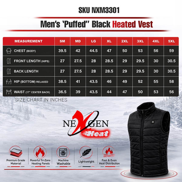NexGen NXM3301SET Men's 'Puffed' Black Heated Textile Vest (Rechargeable Battery Pack Included)
