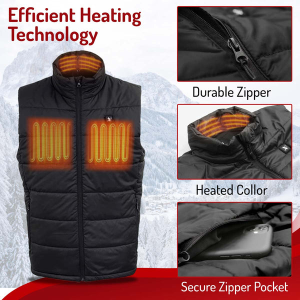 NexGen NXM3301SET Men's 'Puffed' Black Heated Textile Vest (Rechargeable Battery Pack Included)