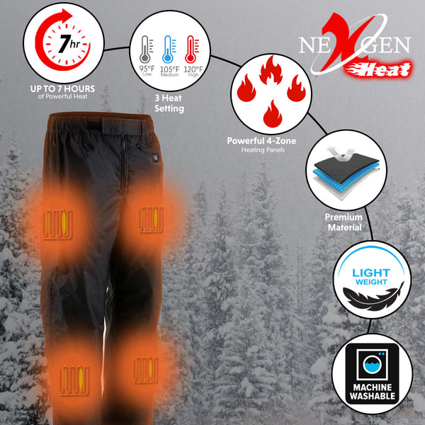 NexGen NXM5715SET Men's 'Torrid' Black Heated Textile Water Resistant Over Pants (Rechargeable Battery Pack Included)