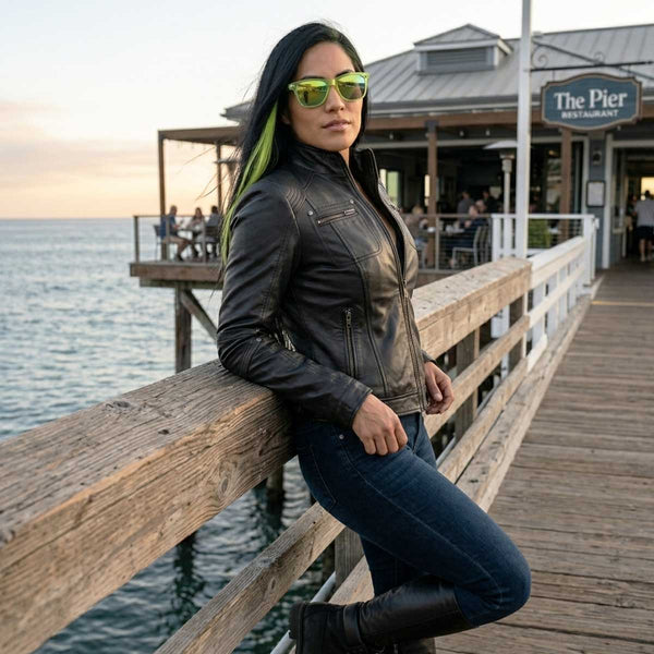 Milwaukee Leather SFL2800 Women's Racer Black Stand Up Collar Motorcycle Fashion Leather Jacket