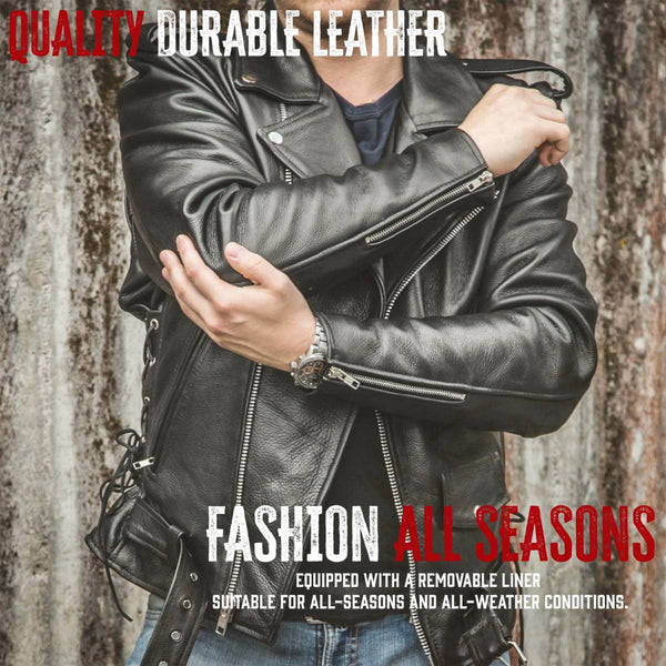 Milwaukee Leather SH1011 Men's Classic Brando Premium Leather Black Motorcycle Riders Leather Jacket w/ Side Laces