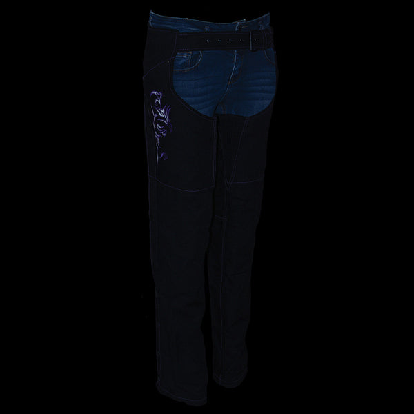 Milwaukee Leather SH1182 Women's Black with Purple Textile Motorcycle Riding Chaps with Tribal Embroidery