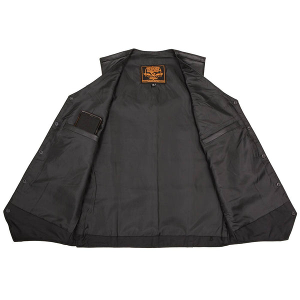 Milwaukee Leather SH1310Tall Men's Black Leather Classic V-Neck Motorcycle Rider Vest w/ Snap Button Closure