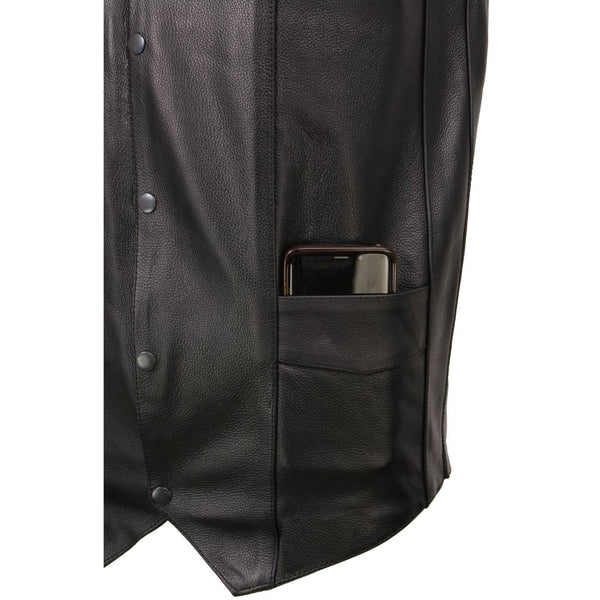 Milwaukee Leather SH1310Tall Men's Black Leather Classic V-Neck Motorcycle Rider Vest w/ Snap Button Closure