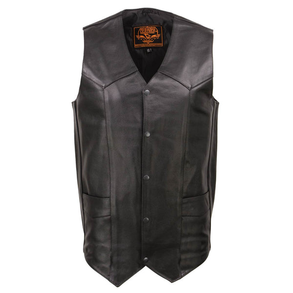 Milwaukee Leather SH1310Tall Men's Black Leather Classic V-Neck Motorcycle Rider Vest w/ Snap Button Closure