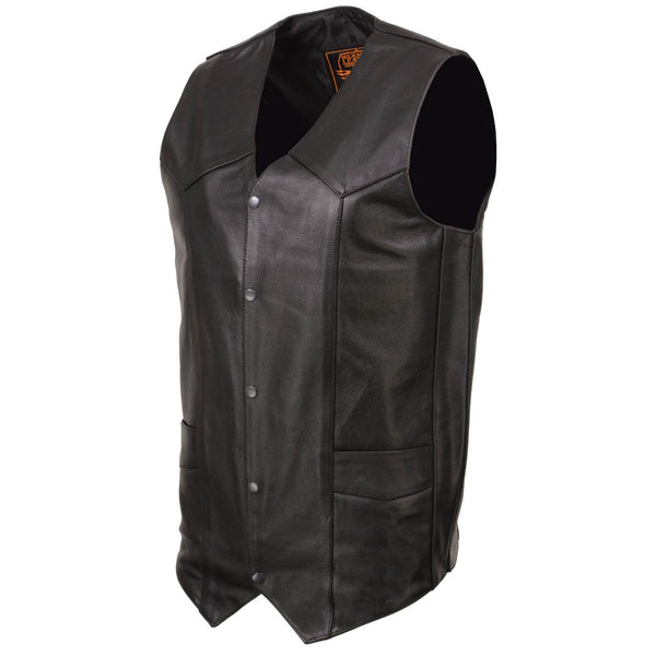 Milwaukee Leather SH1310Tall Men's Black Leather Classic V-Neck Motorcycle Rider Vest w/ Snap Button Closure