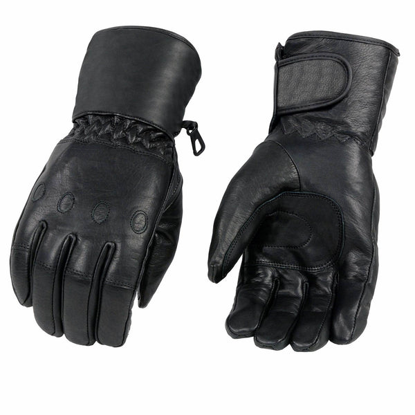Milwaukee Leather Men's Black Gauntlet Motorcycle Gloves-Black Soft Leather Waterproof Cinch Wrist Closure-SH293