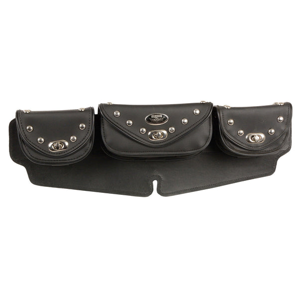 Milwaukee Leather Performance SH671 Black Large Studded Triple Pocket Windshield Mount Bag with Turn Clasps
