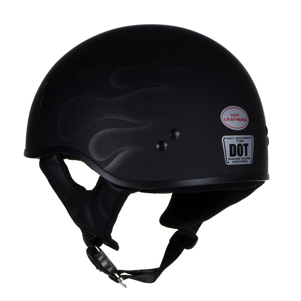 Hot Leathers HLT68 Type-1 Flat Black Flames Motorcycle DOT Approved Skull Cap Half Helmet