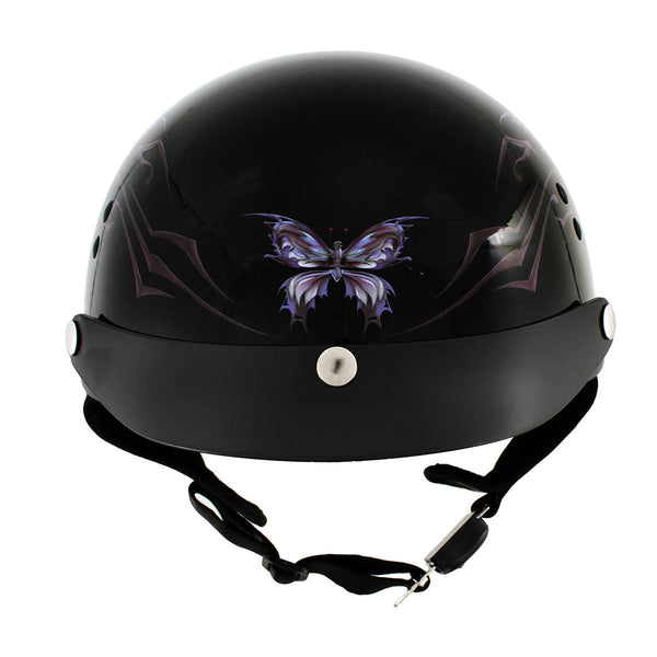 Hot Leathers HLT70 Purple Butterfly Glossy Black DOT Motorcycle Half Face Biker Helmet