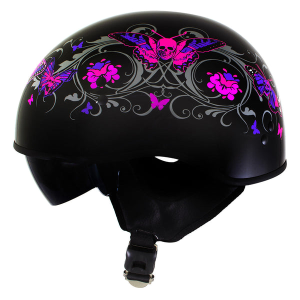 Milwaukee Helmets T72 Gloss Black Pink Butterflies Advanced DOT Helmet w/ Drop Down Visor