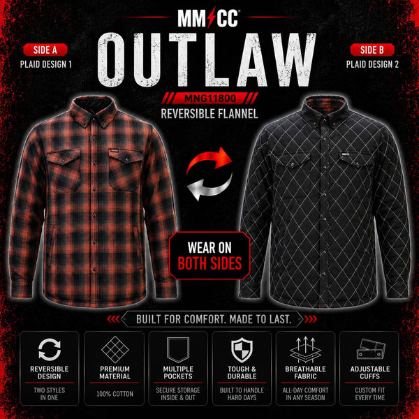 MMCC Men's 'Outlaw' Reversible Flannel Shirt - 100% Cotton Snap Front Plaid w/ Chest and Hand Pockets - MNG11800