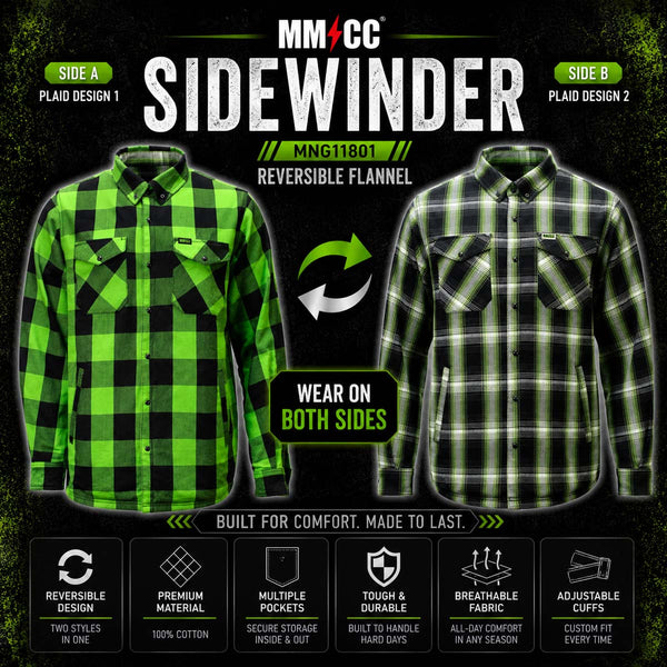 MMCC Men's 'Sidewinder' Reversible Flannel Shirt - 100% Cotton Snap Front Plaid w/ Chest and Hand Pockets - MNG11801