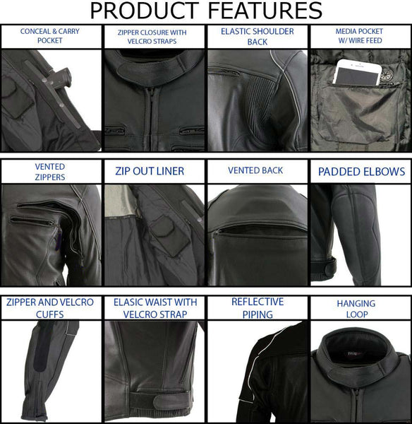 Milwaukee Leather LKM17013 Men's Premium Black Advanced Leather Motorcycle Jacket w/ CE Armor Protection