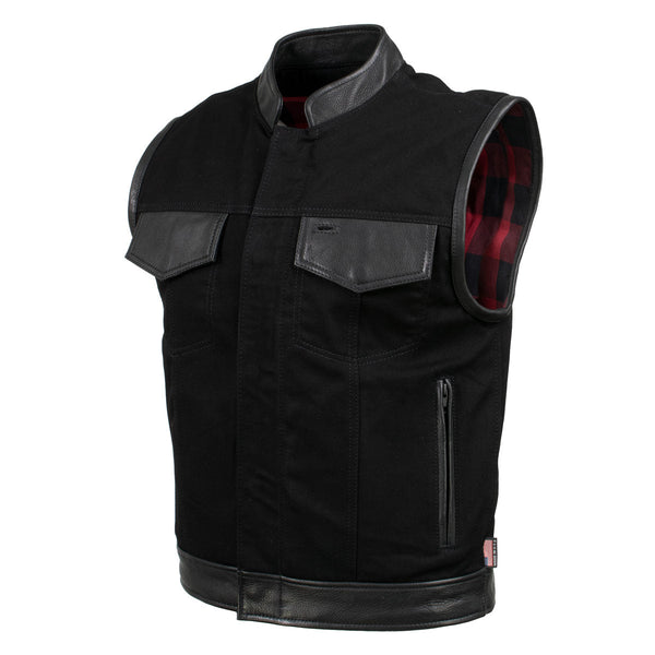 Milwaukee Leather USA MADE MLVSM5101 Men's Black Burn Out Denim and Leather Motorcycle Vest with Plaid Red Lining
