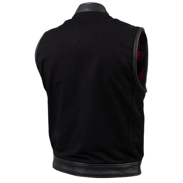 Milwaukee Leather USA MADE MLVSM5101 Men's Black Burn Out Denim and Leather Motorcycle Vest with Plaid Red Lining