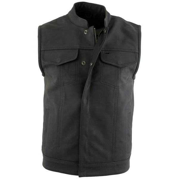 Milwaukee Leather Men's Barrage Flat Black Leather Motorcycle Club Style Vest - LKM3790