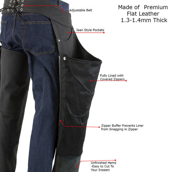 Milwaukee Leather LKM5717 Men's Flat Black Premium Leather Motorcycle Rider Biker Chaps w/ Jean Pockets