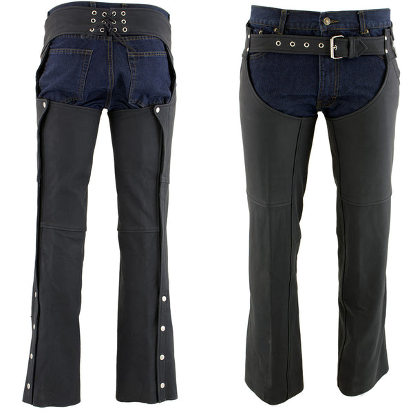Milwaukee Leather LKM5717 Men's Flat Black Premium Leather Motorcycle Rider Biker Chaps w/ Jean Pockets